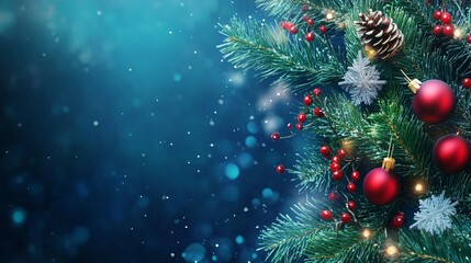 Fototapeta premium Christmas Tree Branch with Ornaments and Lights Against a Blue Background