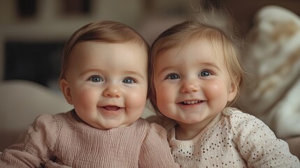 Two smiling babies sitting close together, radiating joy and innocence.