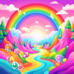 A vibrant, whimsical landscape featuring a rainbow, candy, and colorful mountains.