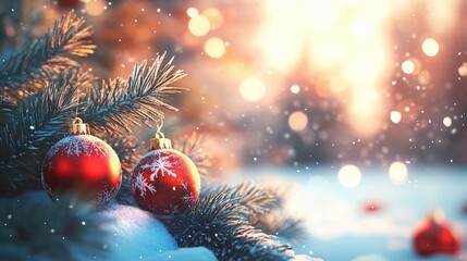 Red Christmas Ornaments on a Snowy Pine Branch in a Winter Wonderland