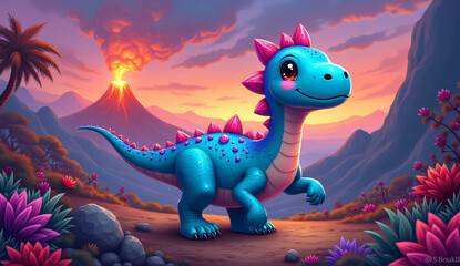 Obraz premium Cute baby dragon with pink spikes on the head and a volcano in the backdrop.
