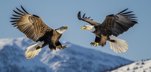 Minimalist image of two eagles clashing in mid-air against a clear blue sky