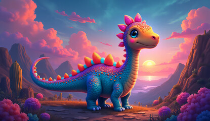 Obraz premium A colorful dinosaur with a pink tail and pink spikes on its back stands in front of a mountain range.