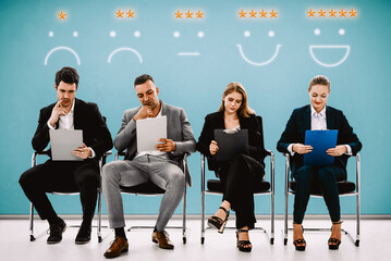 Customer review satisfaction feedback survey concept. User give rating to service experience on...