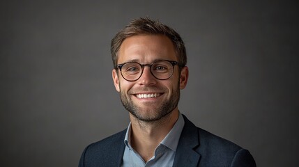 Portrait of an employee in a studio, smiling with a neutral background and soft lighting