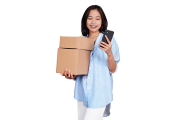 Asian woman holding boxed package while using phone isolated transparent