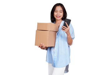 Asian woman holding boxed package while using phone isolated transparent