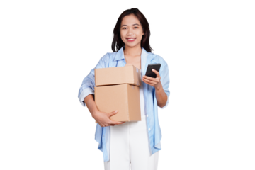 Asian woman holding boxed package while using phone isolated transparent