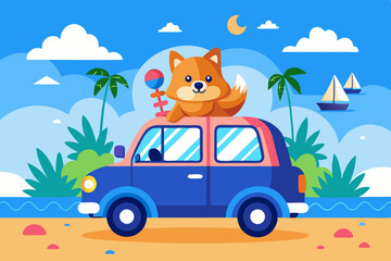 cute dog travels in car to the sea