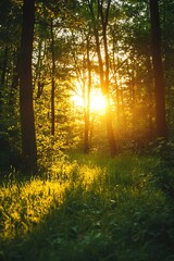 Obraz premium Golden Sunset Light Filtering Through Trees in Forest