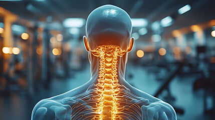 X-ray of an athlete's spine showing cartilage damage or disease exacerbation, taken in a modern gym. The athlete stands near defocused gym equipment, with bright medical lighting enhancing image 