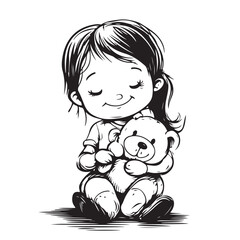 Little Girl Holding Teddy Bear Girl stock Image vector isolated on white background.