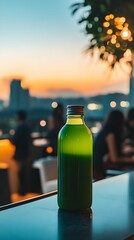 Green Juice Bottle on Rooftop with City Skyline and Sunset.