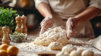 Fototapeta premium Hands kneading dough on a floured surface in kitchen