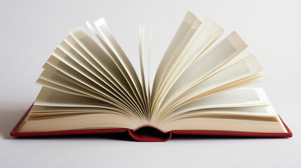 An open book with its pages fanned out. The book has a red cover and is placed on a white surface. The pages are white, and the book appears to be in mid-read, with no specific text or content visible