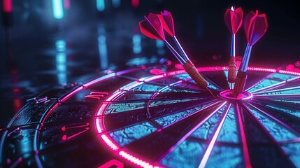 Neon-Lit Darts Hitting the Bullseye of a Black Dartboard