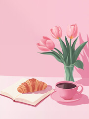 Hand-drawn illustration of a book with a cup of coffee and a croissant, surrounded by pink tulips and scattered petals. The soft pastel colors and cozy vibe. Top view.
