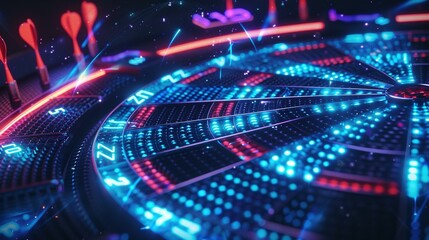 Obraz premium Futuristic glowing dartboard with red darts and neon lights
