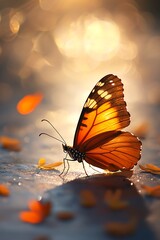 Close up of butterfly wings with blurred background of orange petals. Soft light and warm colors, nature, insect