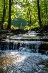 Tranquil Waterfall in a Lush Green Forest, Nature Background