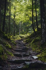 Obraz premium Stone path leading through a lush green forest. Sunbeams filtering through the canopy creating dappled light on the ground.