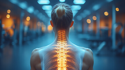 X-ray of an athlete's spine showing cartilage damage or disease exacerbation, taken in a modern gym. The athlete stands near defocused gym equipment, with bright medical lighting enhancing image 
