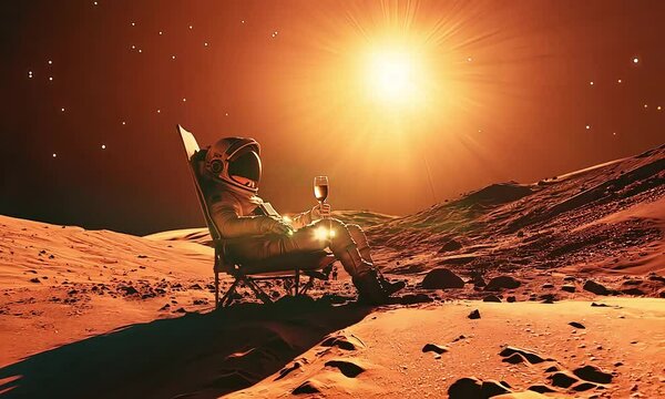 An Astronaut Relaxing on a Chair, Basking Under a Bright Star and Drinking Wine on an Alien Planet &ndash; A Concept of Space Travel and Lifestyle, AI-Generated Art