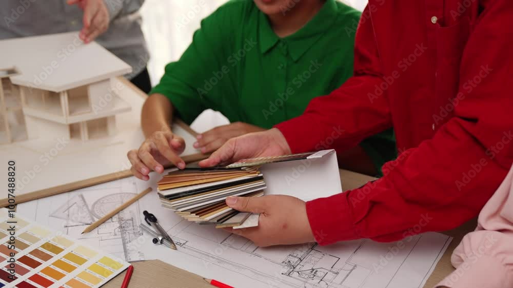 Poster slow motion interior designer using architectural equipment draw a blueprint while interior designer