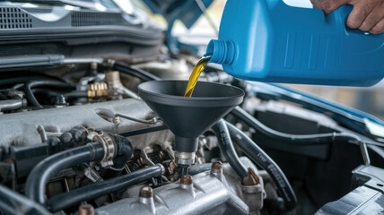 Fototapeta premium A person is pouring oil into a car engine. The oil is coming out of a black container