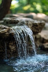 Close up of small waterfall cascading over rocks in a lush green garden setting