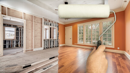 Before and After of Man Using Painting Roller to Reveal Finished Home Interior Under Unfinished Construction Zone.