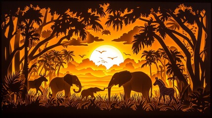 African savannah scene with elephants and sunset silhouettes