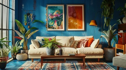 Modern Living Room with Tropical Plants and a White Couch
