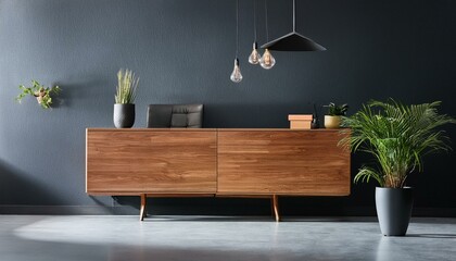 Dark contemporary waiting room interior with wooden sideboard