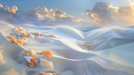 Stunning summer landscape of soft beach sand dunes with colorful shell fragments and horizon view