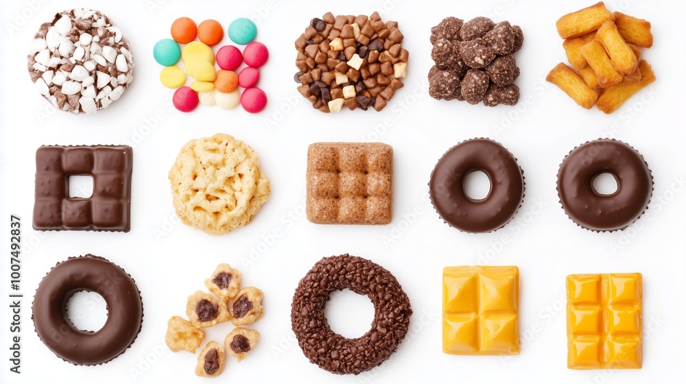 Aufkleber an array of colorful sweets and snacks displayed on a white background, highlighting various texture