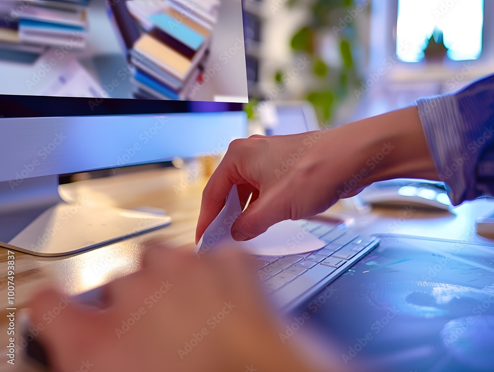 Poster hand on a computer keyboard