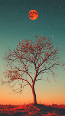 Fototapeta premium Blood Moon Serenity: A solitary tree stands tall against a vibrant, blood-red moon and a star-studded sky, radiating serenity and mystery. 