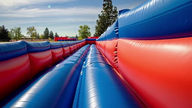 Red and blue inflatable obstacle course is inflated and ready for children to enjoy at an outdoor event, providing a fun and safe activity