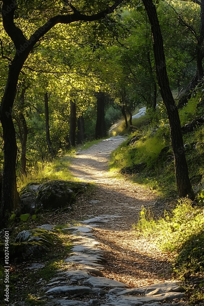 Poster sunlight filtering through trees on a forest path leading through lush green foliage