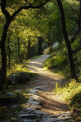 Obraz premium Sunlight filtering through trees on a forest path leading through lush green foliage