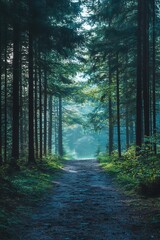 Naklejka premium Sunbeams through a forest path in the woods