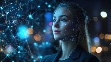 Portrait of a businesswoman with a digital futuristic background, illuminated by virtual data lines and abstract tech designs