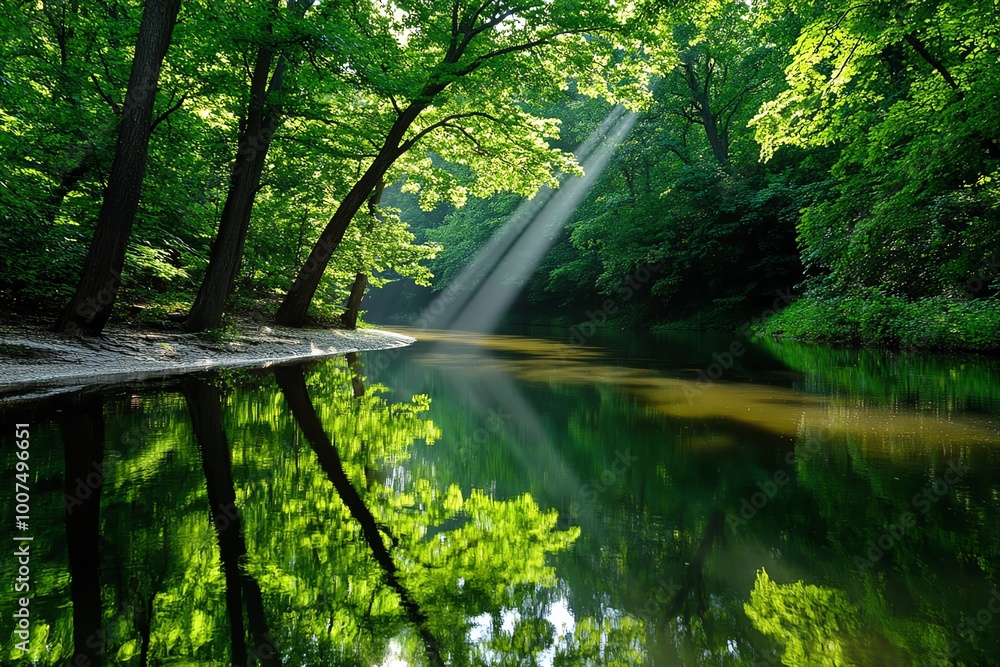 Poster a tranquil forest scene with sunlight filtering through the trees, highlighting the serenity and bea