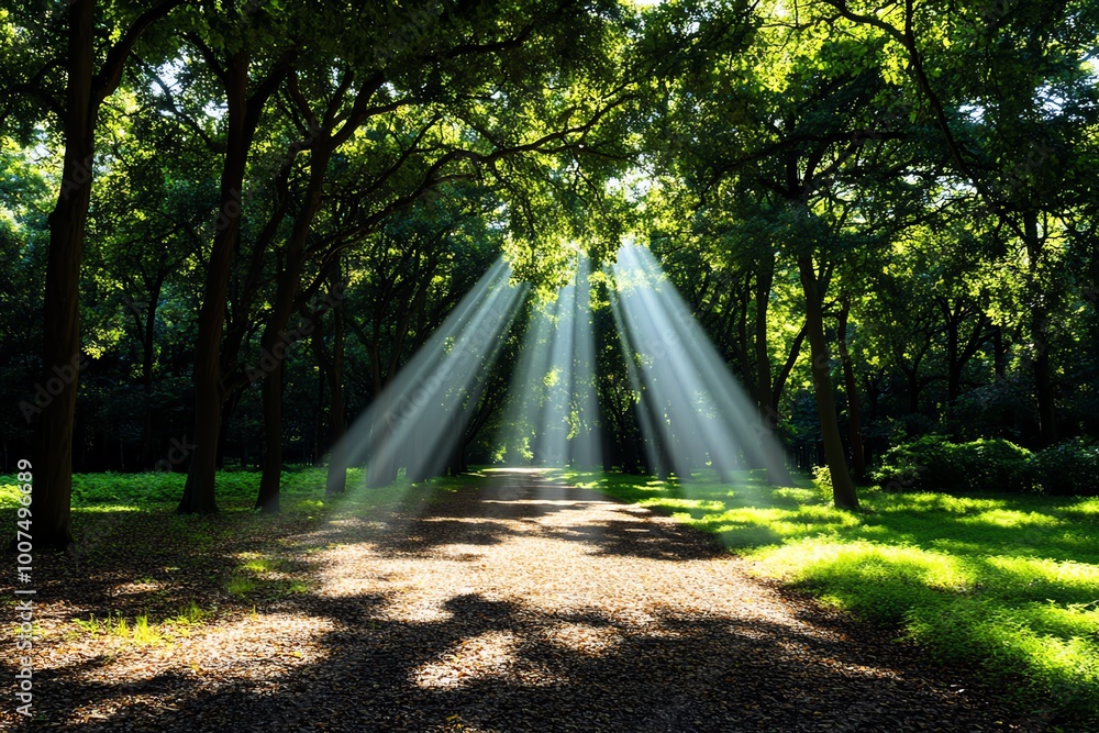 Poster a tranquil forest scene with sunlight filtering through the trees, highlighting the serenity and bea