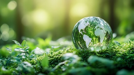 Glass Globe Earth on Green Moss, Sustainability and Environmental Concept