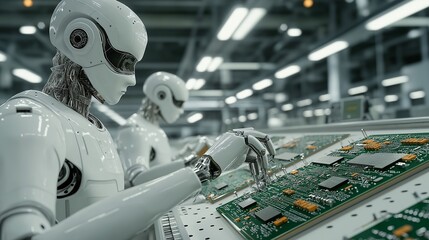 Fototapeta premium Futuristic Robots Assembling Circuit Boards in Factory