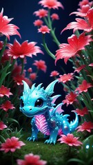 A whimsical blue dragon among vibrant pink flowers in a magical garden setting.
