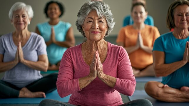 A diverse group of seniors participating in a yoga class at a community center, showing their commitment to fitness and well-being, while creating a supportive social environment
