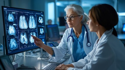 A doctor showing a woman her mammogram results on a screen, explaining the images and the importance of early detection in breast cancer prevention